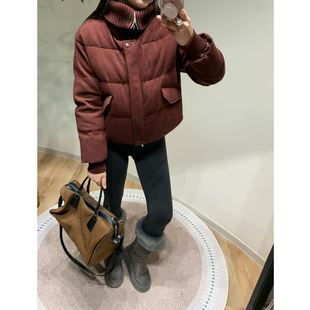 美一MEIYI复古简约山羊绒针织翻领90白鹅绒短款宽松保暖羽绒服女