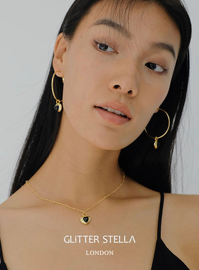 英国GLITTER STELLA vintage永恒之爱天然黑曜石心形吊坠疗愈项链