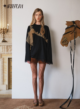 ARTE PURA2025秋季新品蝴蝶结蕾丝拼接圆领长袖宽松T恤女上衣薄款