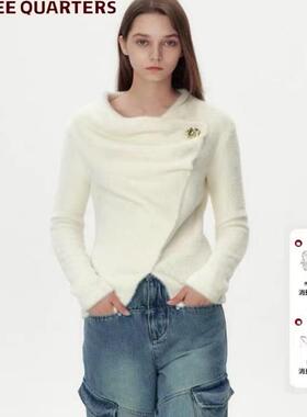 【买手店年末正品清仓】Three Quarters白色时尚毛绒荡领金扣上衣