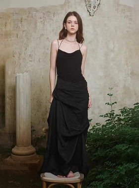 CROWCREW 诗意褶皱的时空吊带裙优雅褶皱A字连衣长裙