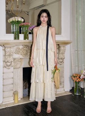 Three Quarters 流光纱撞色蝴蝶结连衣裙海边裙女