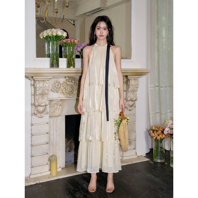 Three Quarters 流光纱撞色蝴蝶结连衣裙海边裙女