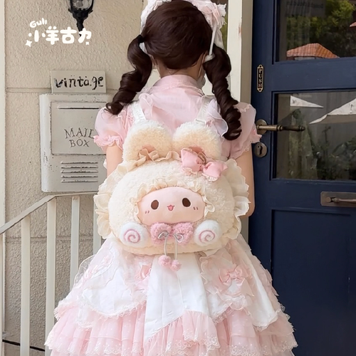 【小羊古力】可爱白粉色lolita兔子大脸包包毛绒玩偶背包洛丽塔
