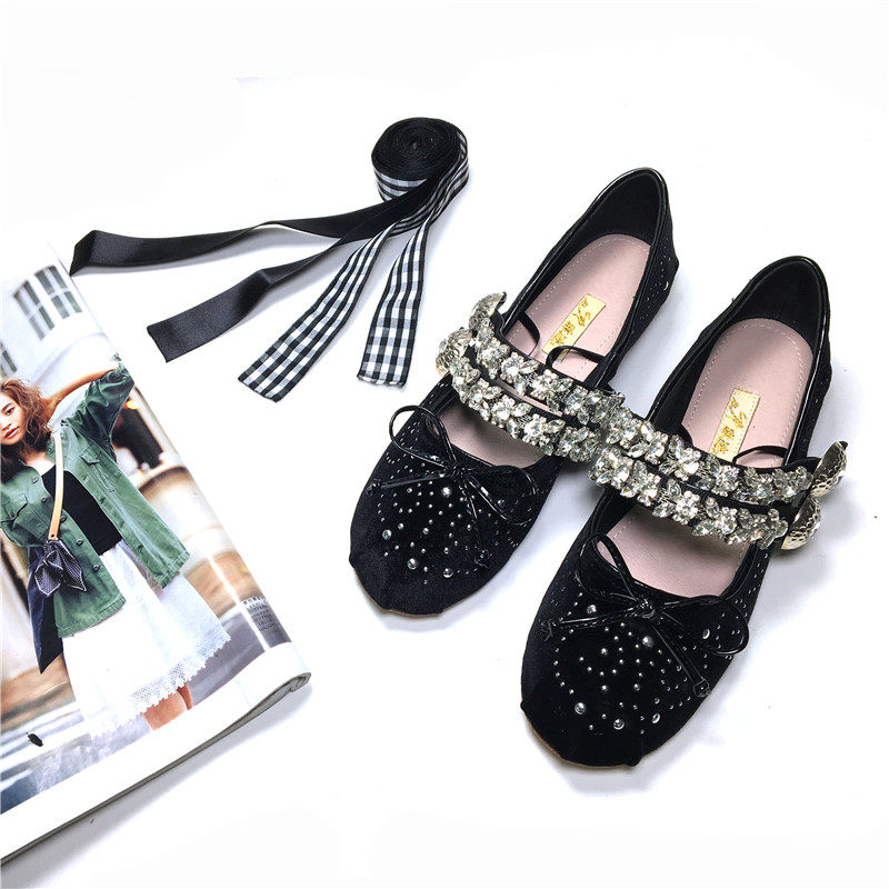 MIU BALLET STRAPS SUEDE SHALLOW RHINESTONE SINGLE SHOES FLAT BOTTOM NEW COMFORTABLE AND SOFT BOTTOM WOMENS SHOES WILD