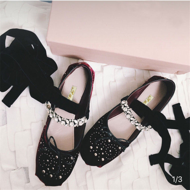 MIU BALLET STRAPS SUEDE SHALLOW RHINESTONE SINGLE SHOES FLAT BOTTOM NEW COMFORTABLE AND SOFT BOTTOM WOMENS SHOES WILD