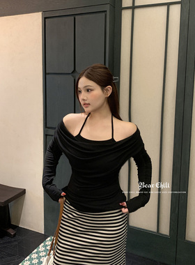 Bear Chili辣妹黑色荡领长袖t恤女打底衫2025新款女内搭挂脖上衣