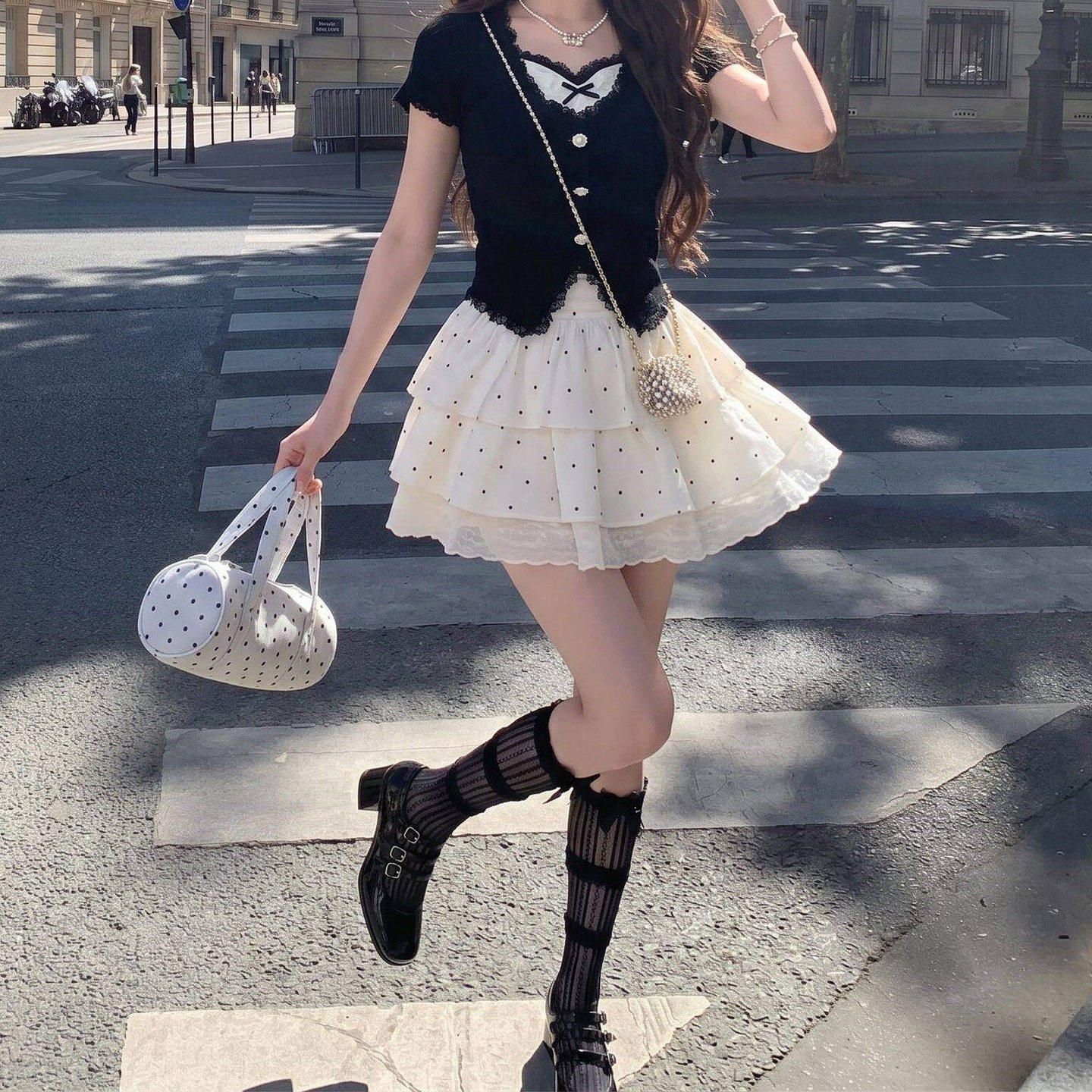 日系软妹假两件蕾丝上衣波点蛋糕裙套装女2026夏季新款显瘦蓬蓬裙