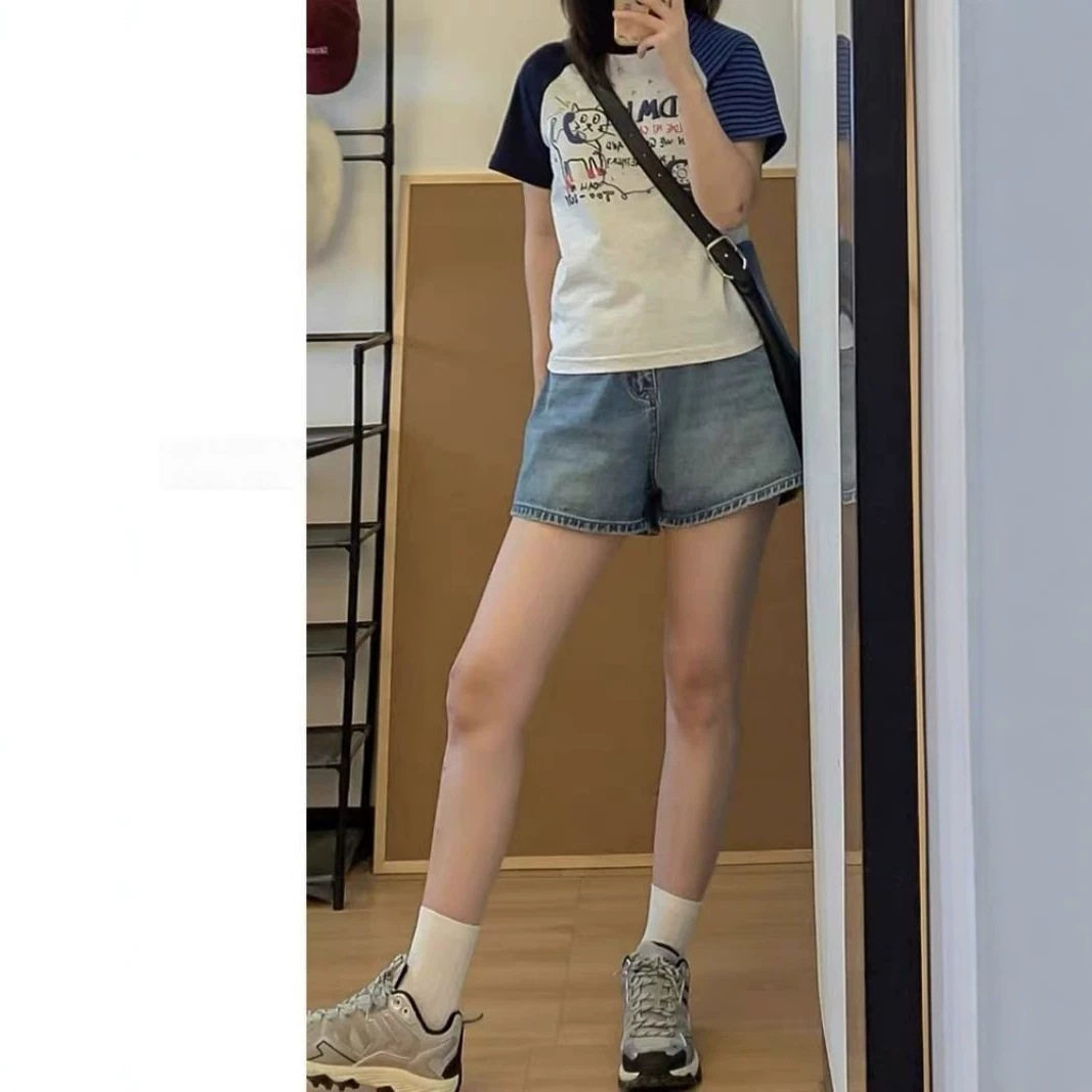 复古牛仔短裤女高腰夏季新款胖mm大码显瘦梨形身材阔腿a字热裤子