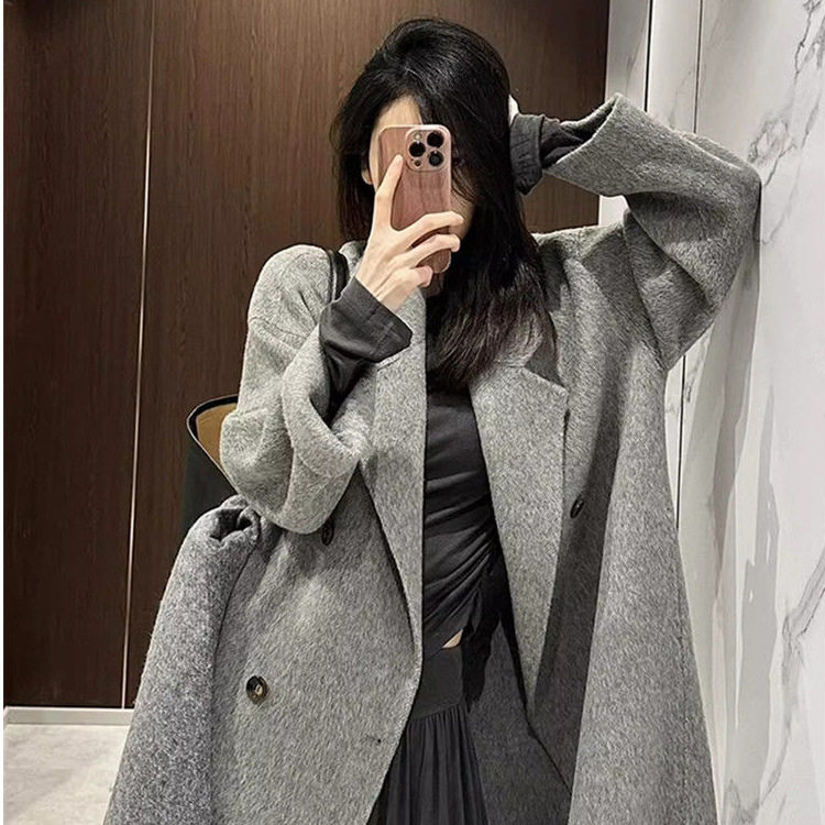 灰色复古毛呢子大衣女秋冬加绒慵懒宽松中长款过膝毛呢外套加厚