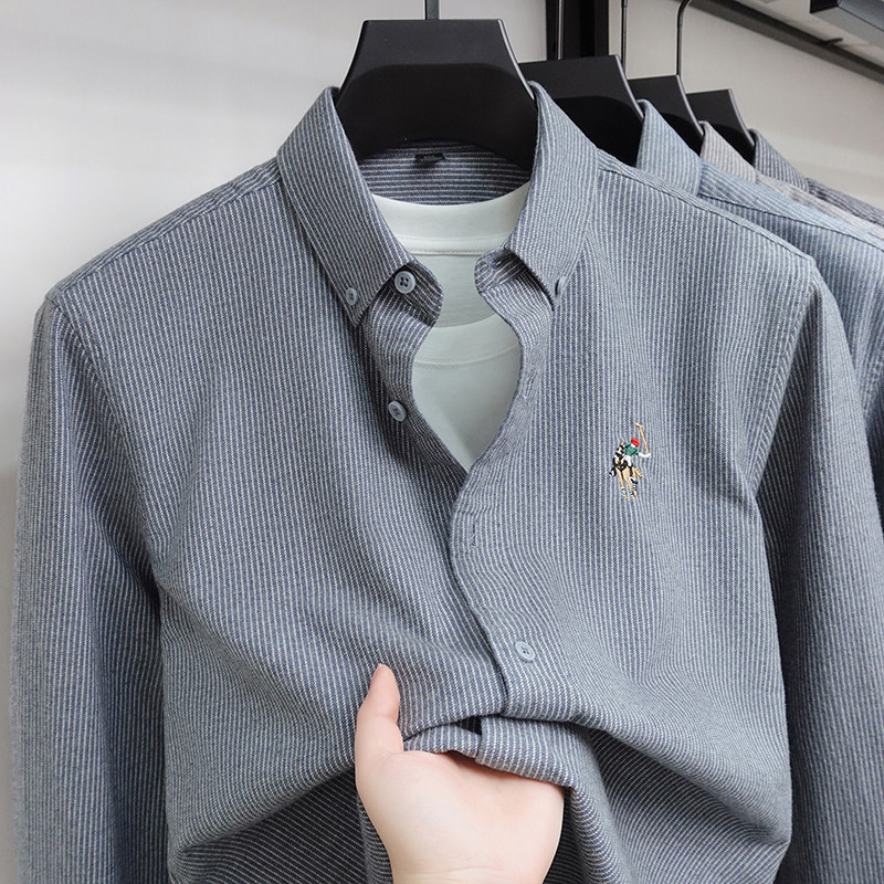 【纯棉】刺绣长袖衬衫2026春秋季新款商务休闲条纹简约男士衬衣潮,男装,衬衫,淘宝优惠券,粉丝福利购,淘宝优惠卷