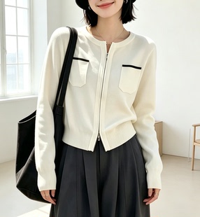 圣仕莲9005 小香风宽松显瘦圆领双头拉链长袖针织开衫女毛衣外套T