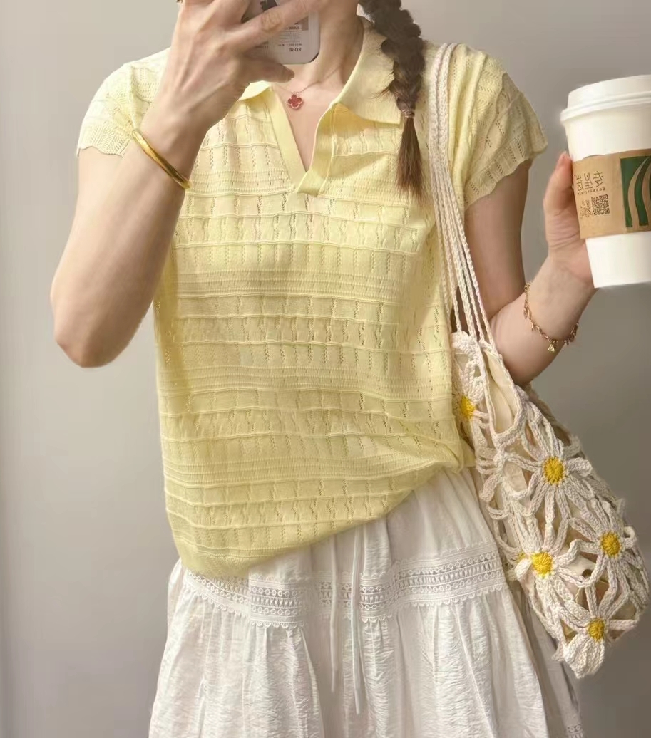 圣仕莲8370 显瘦翻领polo衫花边短袖天丝针织衫钩花镂空女上衣T恤