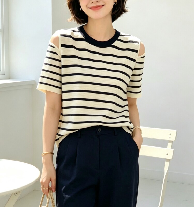 圣仕莲8683 显瘦圆领露肩条纹短袖针织衫女莱赛尔冰丝上衣外搭T恤