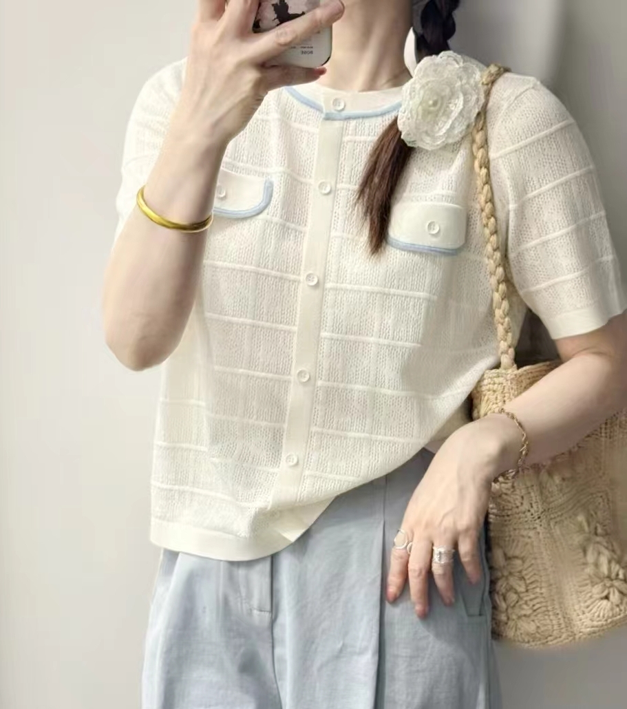 圣仕莲8336 显瘦小香风圆领短袖天丝针织衫女莱赛尔薄上衣套头T恤