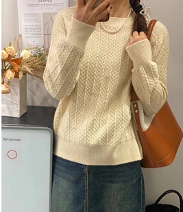 圣仕莲5892 秋冬金丝线绢纱低圆领显瘦套头毛衣打底针织衫女上衣
