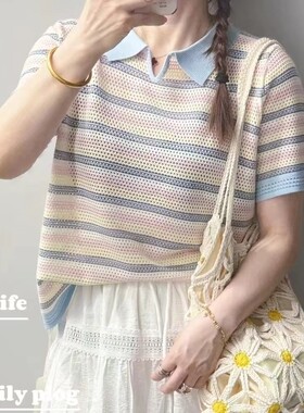 圣仕莲8372 显瘦翻领短袖冰丝针织衫女莱赛尔彩色条纹上衣T恤衫夏