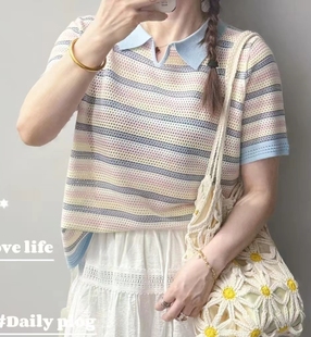 夏 圣仕莲8372 显瘦翻领短袖 天丝针织衫 女莱赛尔彩色条纹上衣T恤衫