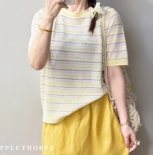 圣仕莲8371 女彩色条纹镂空莱赛尔上衣T恤 显瘦圆领短袖 天丝针织衫