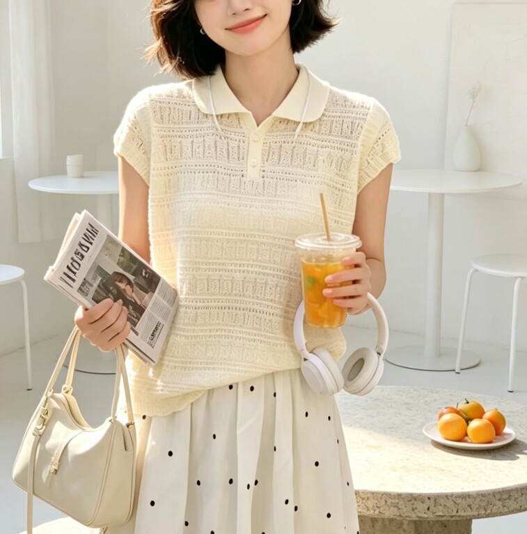 圣仕莲8706 显瘦减龄翻领镂空短袖针织衫女莱赛尔冰丝上衣防晒T恤