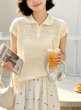圣仕莲8706 显瘦减龄翻领镂空短袖针织衫女莱赛尔冰丝上衣防晒T恤