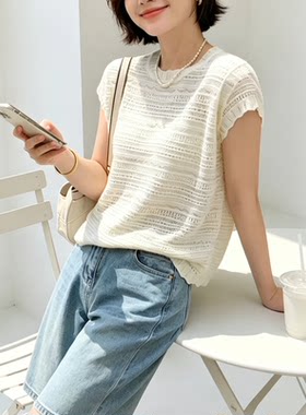 圣仕莲8662 宽松显瘦圆领镂空针织衫女莱赛尔冰丝短袖上衣T恤衫