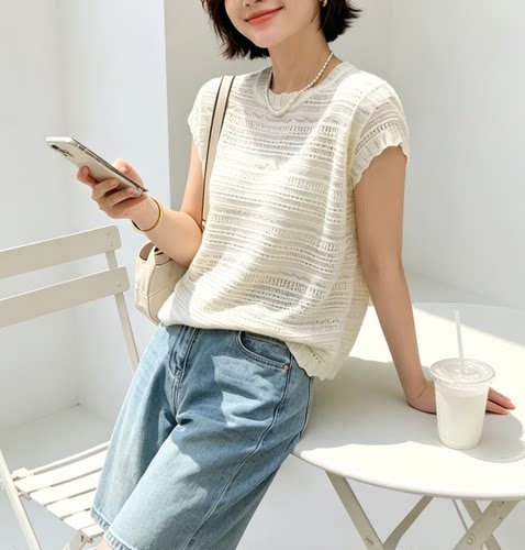 圣仕莲8662 宽松显瘦圆领镂空针织衫女莱赛尔冰丝短袖上衣T恤衫