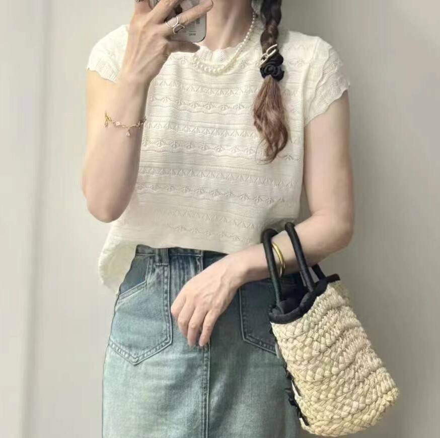 圣仕莲8419 减龄显瘦圆领短袖冰丝针织衫女莱赛尔镂空上衣防晒T恤