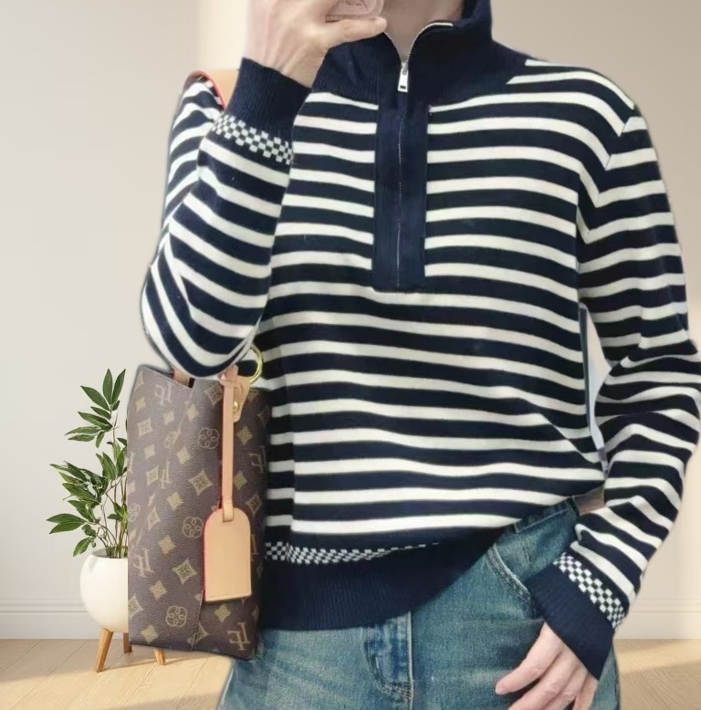 圣仕莲8513 显瘦高立领半拉链条纹针织衫女细羊毛打底衫毛衣上衣T