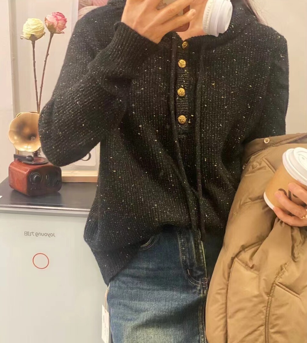 圣仕莲5882 宽松显瘦雪花金线连帽针织衫秋冬打底衫帽衫卫衣毛衣