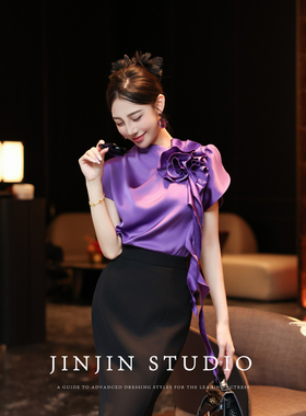 MD进进原创夏季气质时尚百搭纯色衬衣设计感立体花不规则上衣