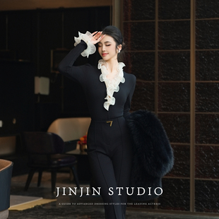 MD进进原创【法式浪漫】2025冬季磨毛显瘦百搭花边拼接打底衫上衣