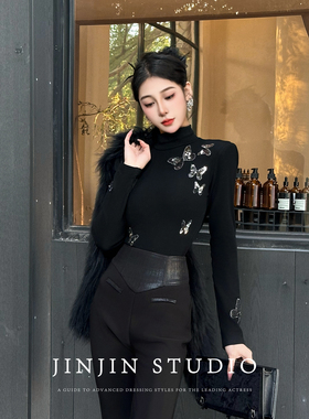 MD进进原创【花中蝶舞】2025秋冬新时尚高级气质显瘦加绒打底上衣