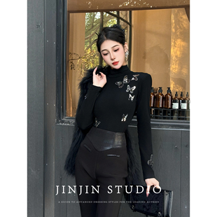 MD进进原创【花中蝶舞】2025秋冬新时尚高级气质显瘦加绒打底上衣