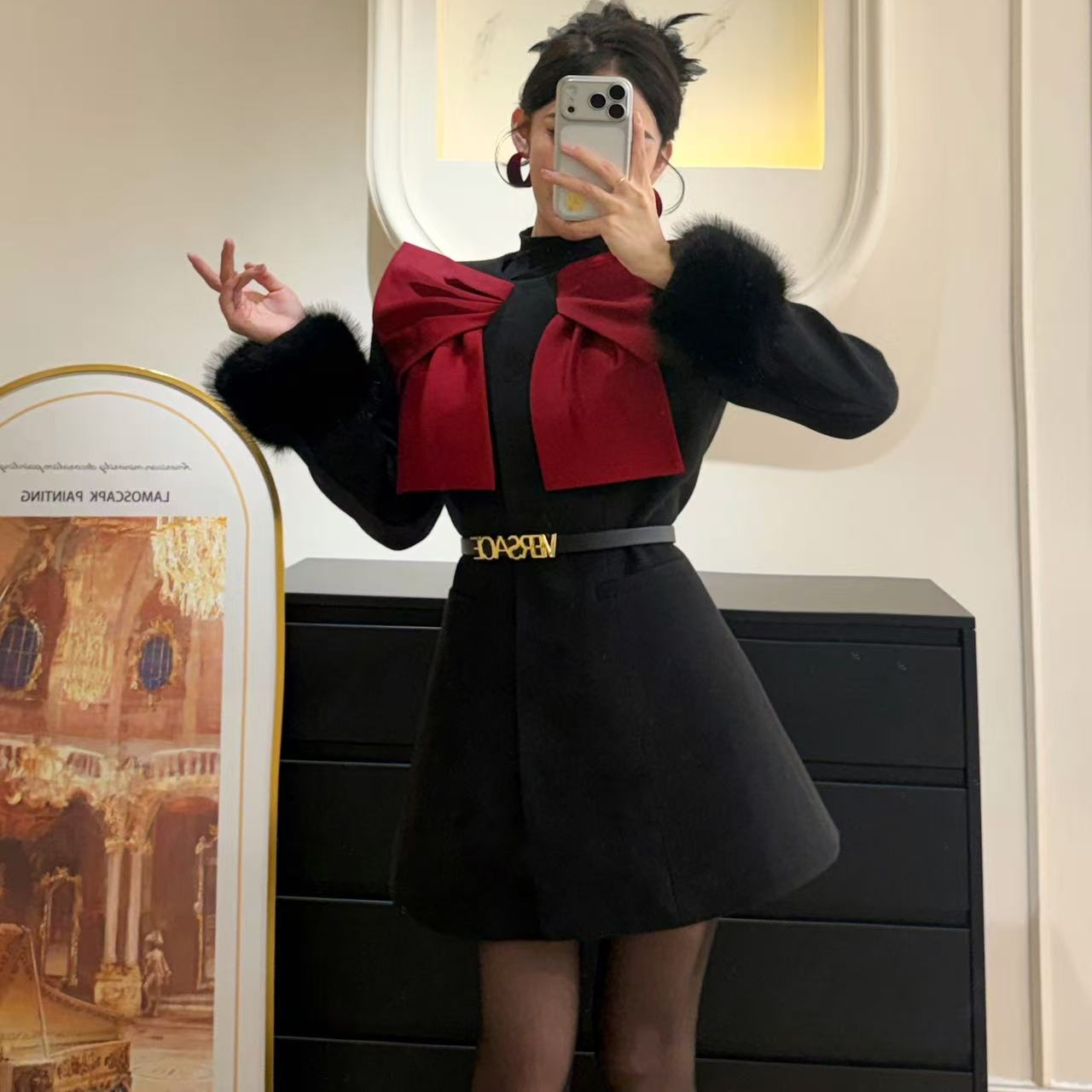 加棉毛呢显瘦设计拼接蝴蝶结外套