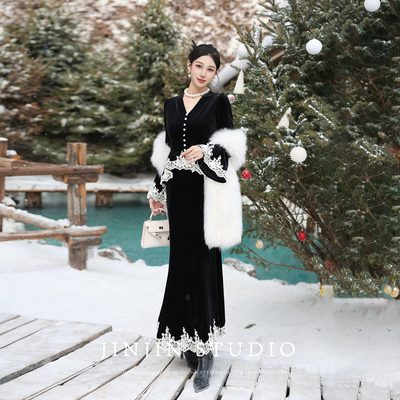 法式宫廷风重工刺绣丝绒连衣裙