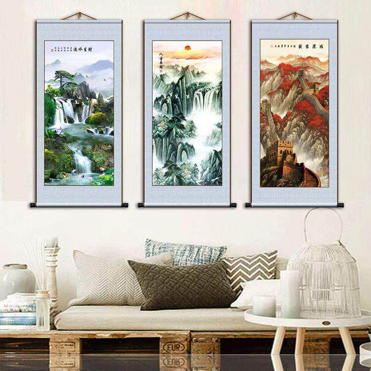 流水生财风景山水画竖款客厅背景墙佛堂书房玄关装饰卷轴墙上挂画