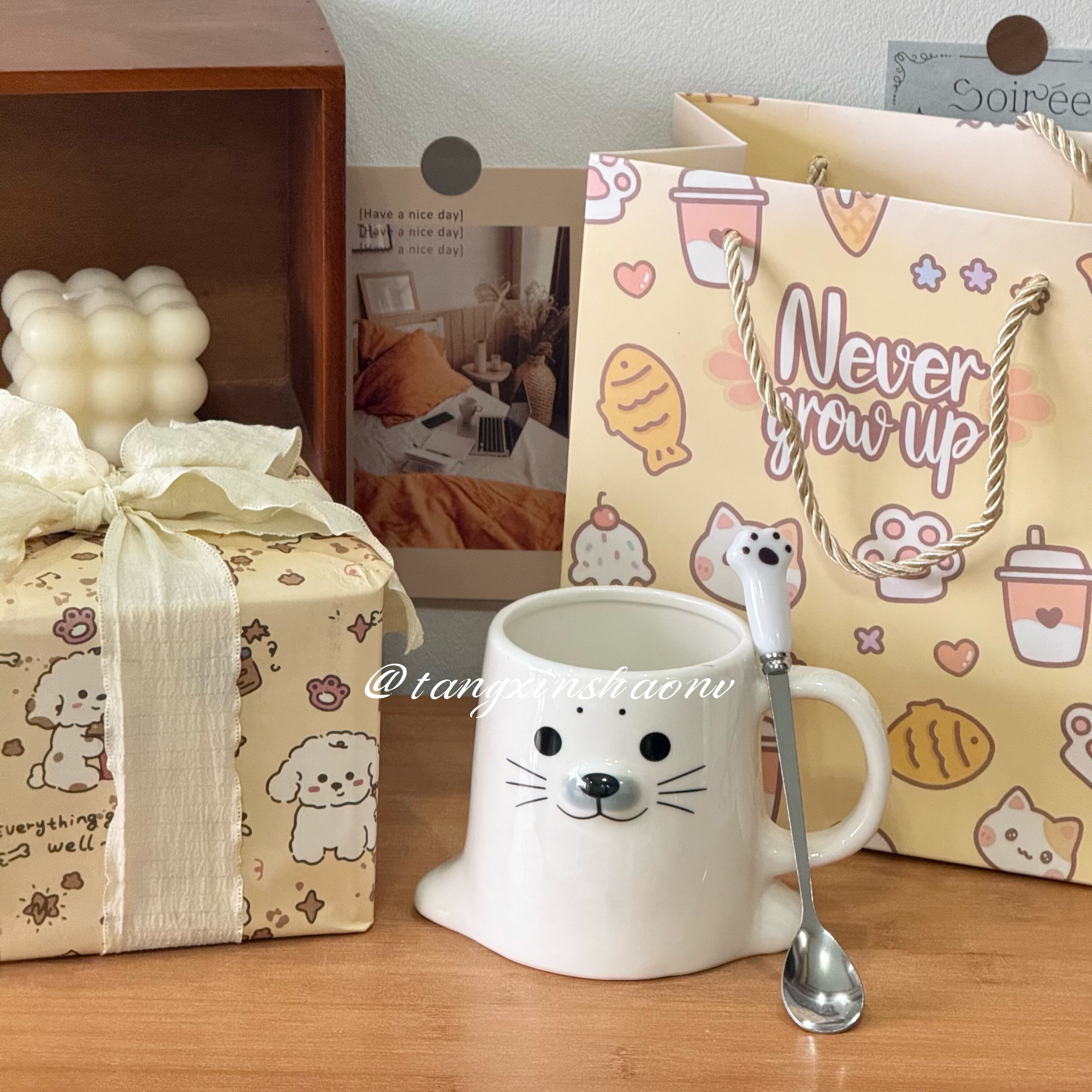 ins风高颜值海豹水杯可爱家用陶瓷大容量带把手马克杯送朋友生日