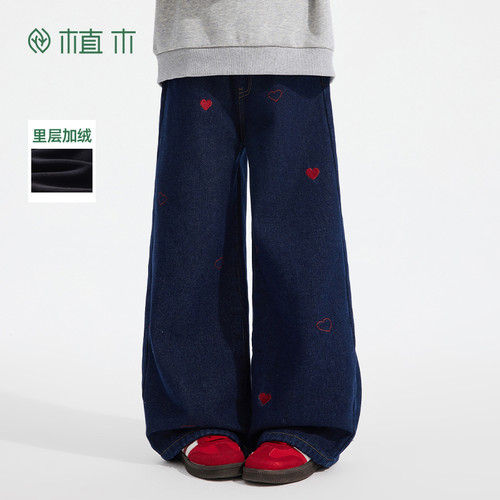 女童直筒阔腿爱心奥利绒牛仔裤
