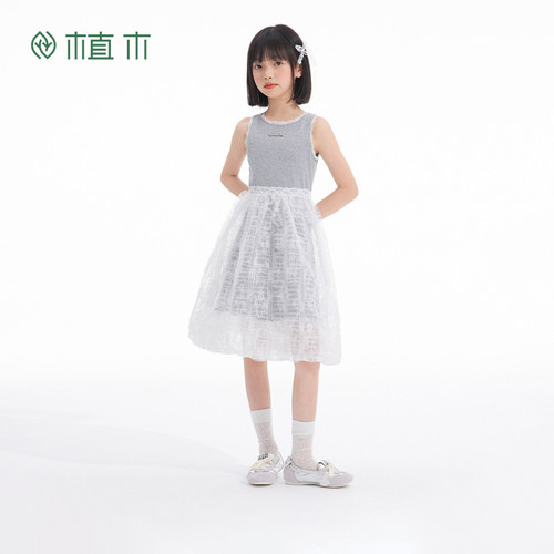 女童针织背心网纱拼接连衣裙甜美芭蕾舞蹈裙