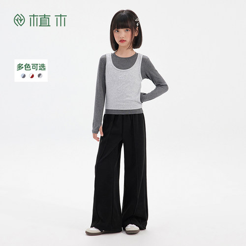 女童高弹假两件背心长袖T恤 高智叠穿风上衣