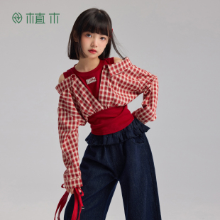 甜系假两件 童装 格子罗纹棉 2026春夏新款 女童番茄红上衣 植木