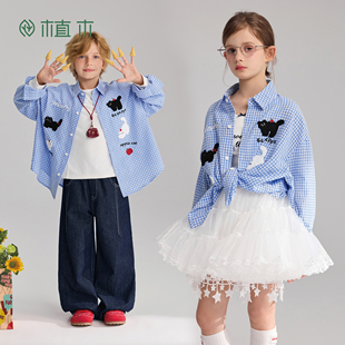 长袖 儿童衬衫 男童女童格纹上衣2026春季 新款 植木 童装 四只小猫