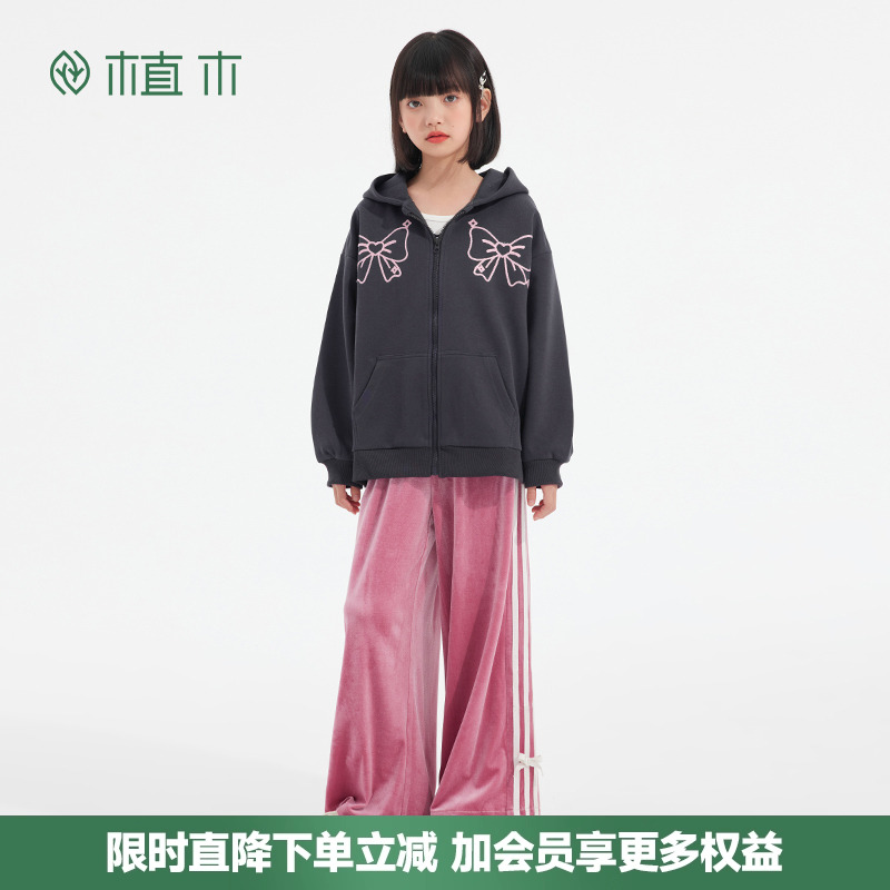 女童芭蕾少女风蝴蝶结刺绣连帽开衫卫衣