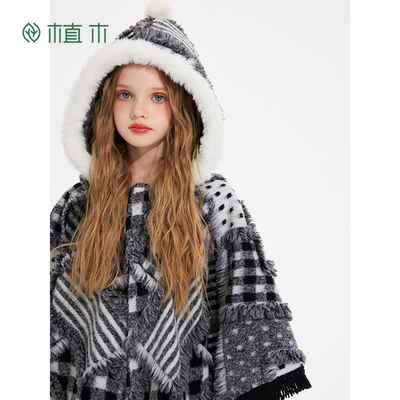 植木童装 儿童大衣2025冬季新款中大童撞色格纹毛呢外套女童大衣