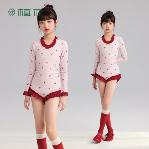 植木【浪花轻吻】防晒UPF50+假两件 女童泳衣 青少年2026夏季童装
