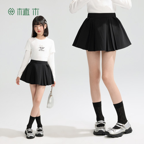 植木 女童半身裙赫本黑儿童A字裙童装百褶裙26秋季新款青少年短裙