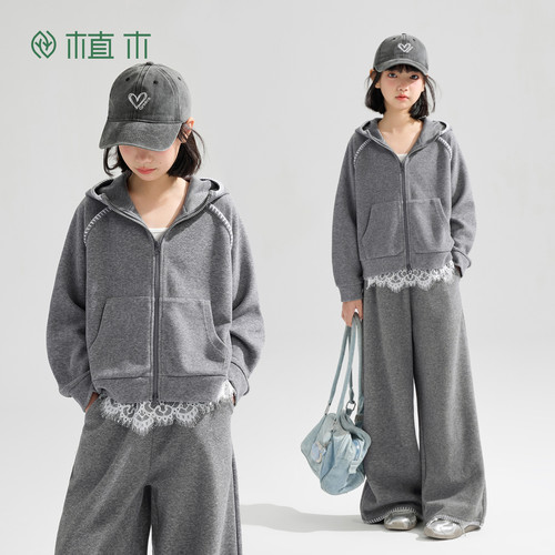植木 女童外套儿童连帽休闲运动纯色外套童装秋季新款青少年外套