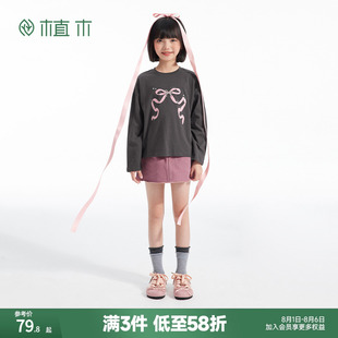 植木童装 中大童甜美蝴蝶结印花上衣儿童T恤 女童T恤2025春季 新款