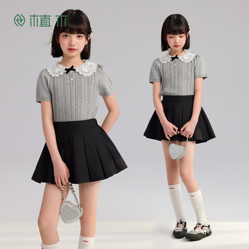 植木【领序蝶檐】学院风翻领蕾丝修身短袖 女童T恤青少年夏季童装